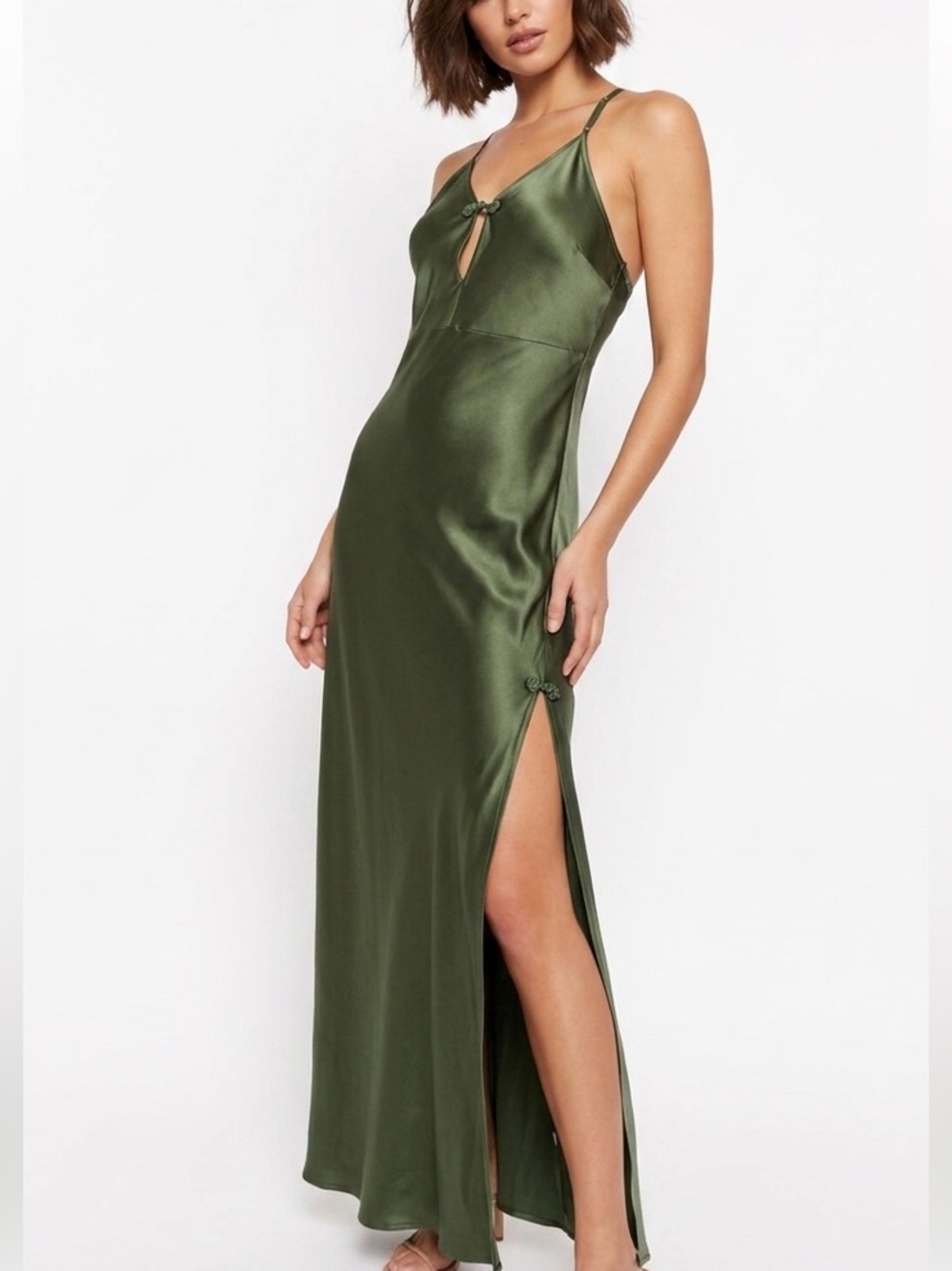 VINTAGE La Vie En Rose 100% Silk Plunging Maxi Slip Dress – Pine Green Size S